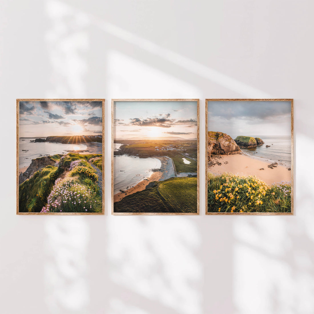 Annestown Beach triptych wall art set of 3 Irish coastal photography prints on white wall