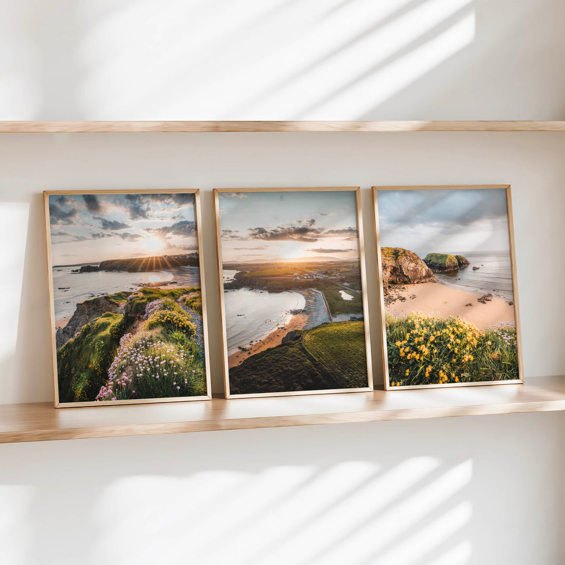 Annestown Beach wall art prints in wooden interior Irish coastal photography home decor