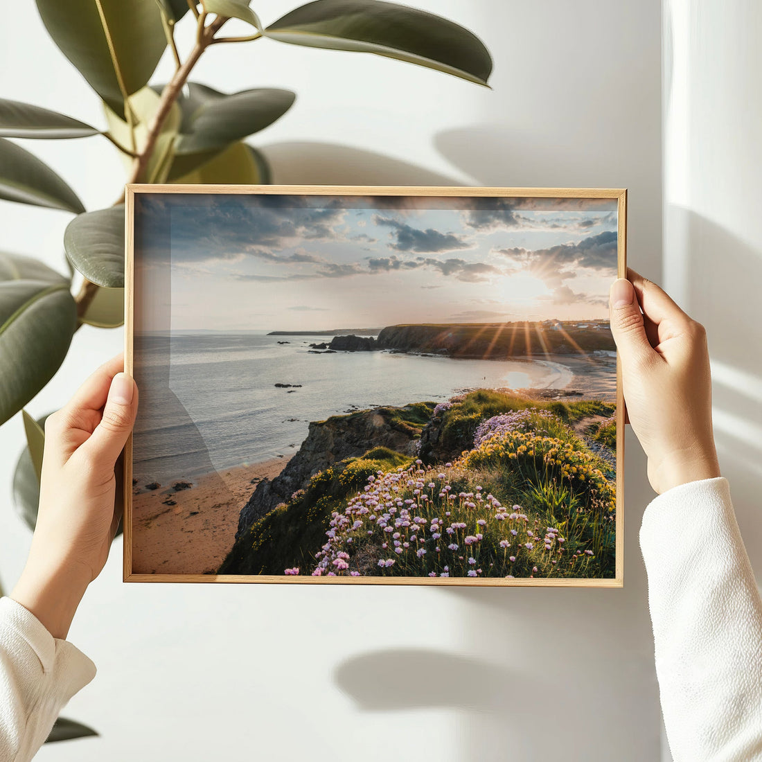 Framed Annestown Beach print held in natural light with plants