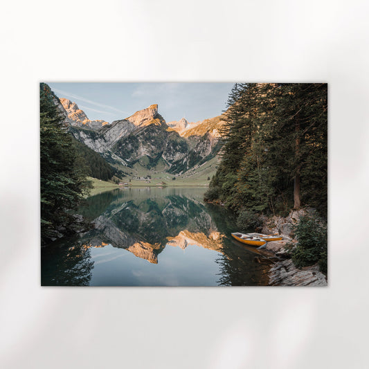 Fine art photo print of Seealpsee at sunrise, with golden peaks mirrored on the glassy lake surface.