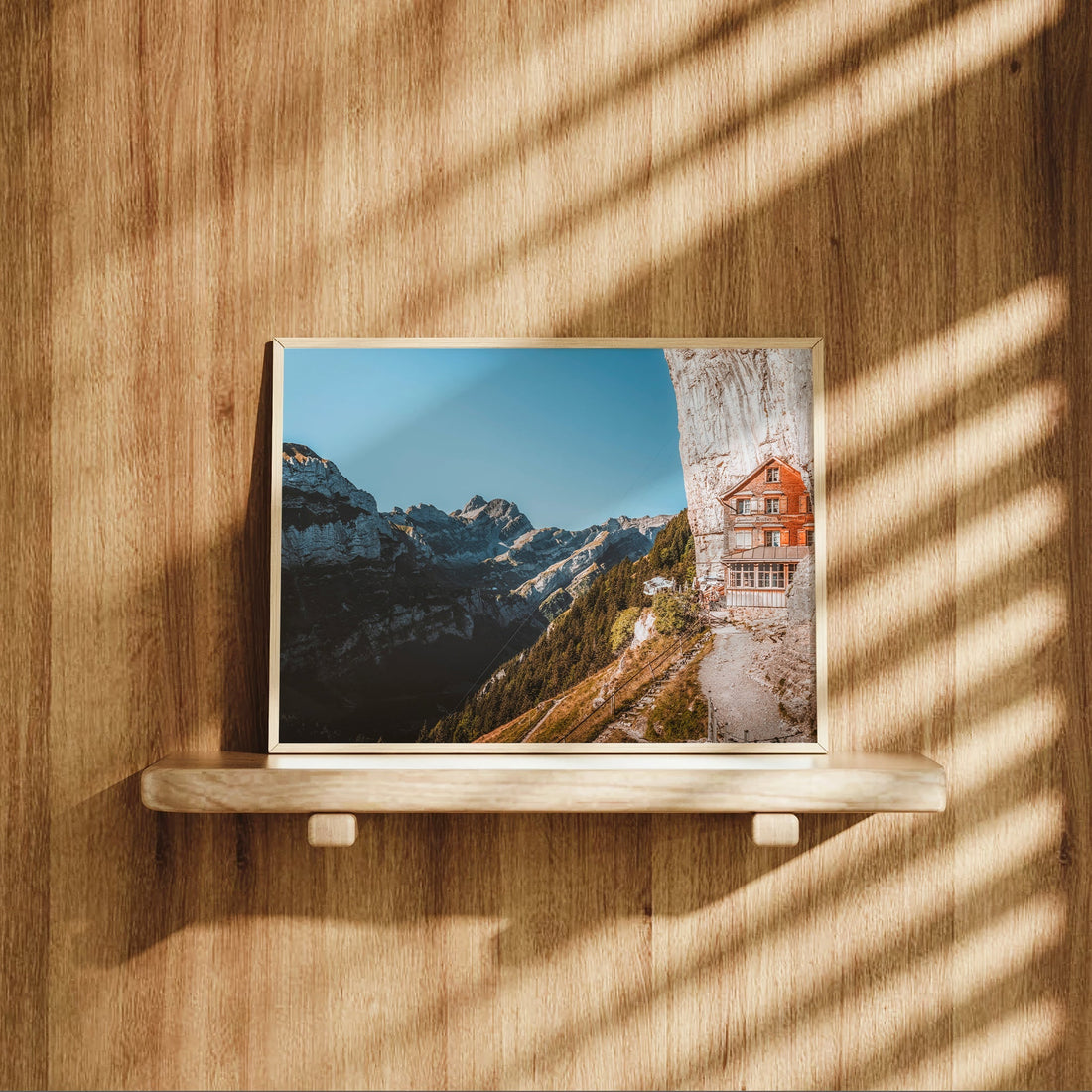 Fine art print of the historic Aescher Guesthouse perched on the rugged cliffs of Appenzell, Switzerland.