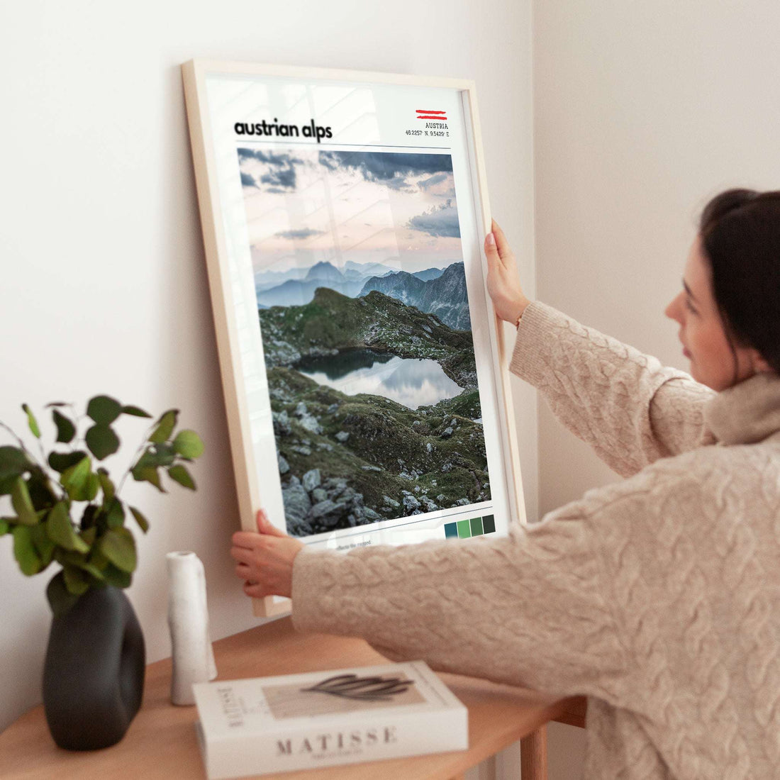 Austrian Alps landscape poster styled in a natural interior setting