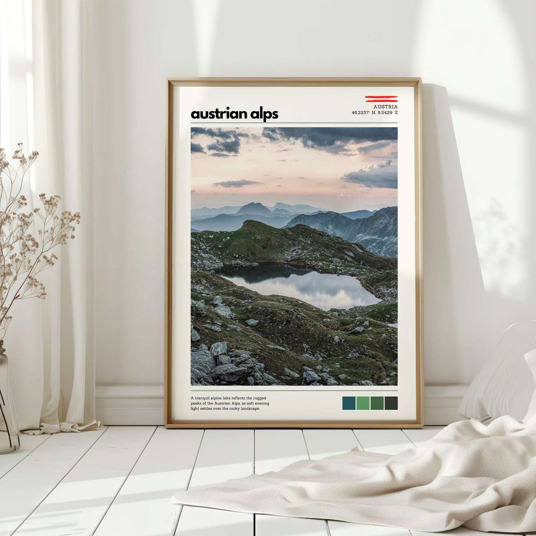 Minimal Austrian Alps location poster with mountain landscape photography