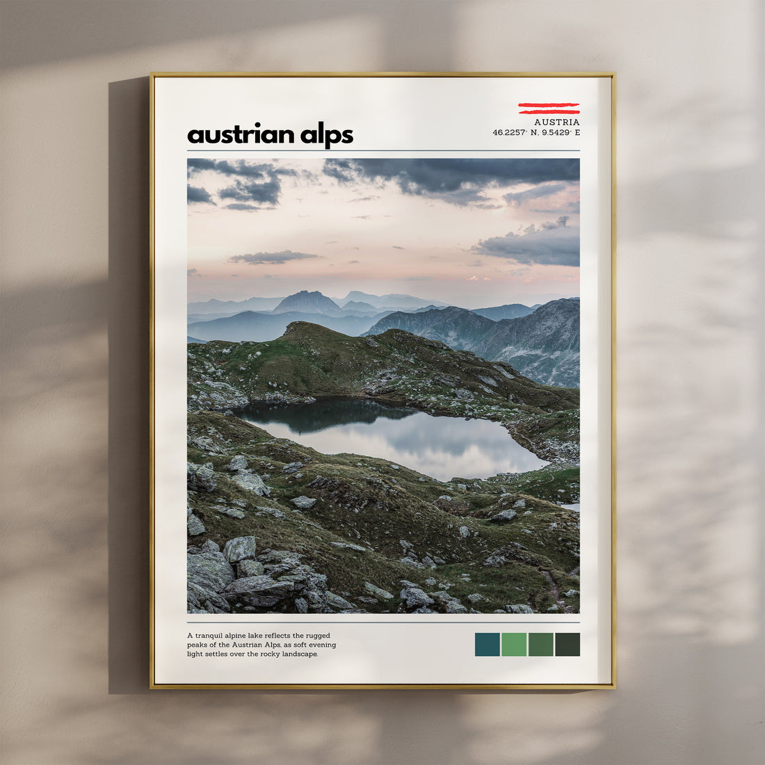 Austrian Alps location poster featuring a mountain lake and alpine landscape