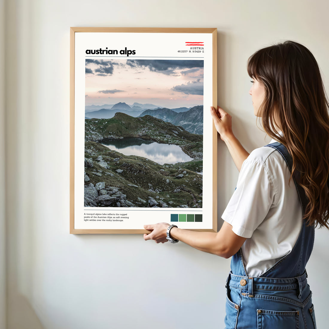 Framed Austrian Alps mountain landscape poster displayed in a modern interior