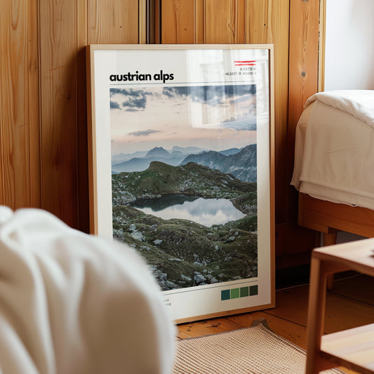 Austrian Alps mountain lake poster shown as wall art