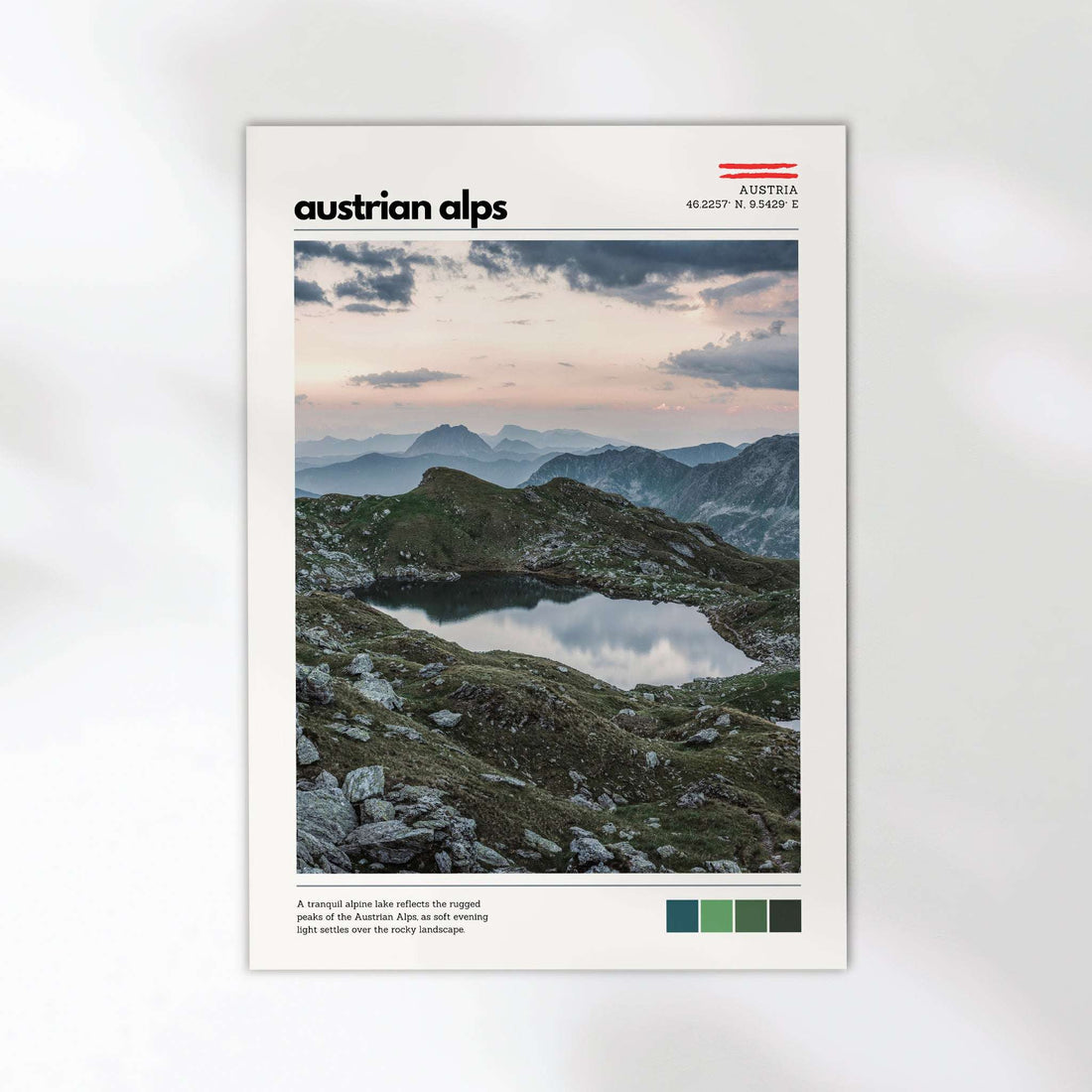 Close-up detail of Austrian Alps location poster with exhibition-style layout