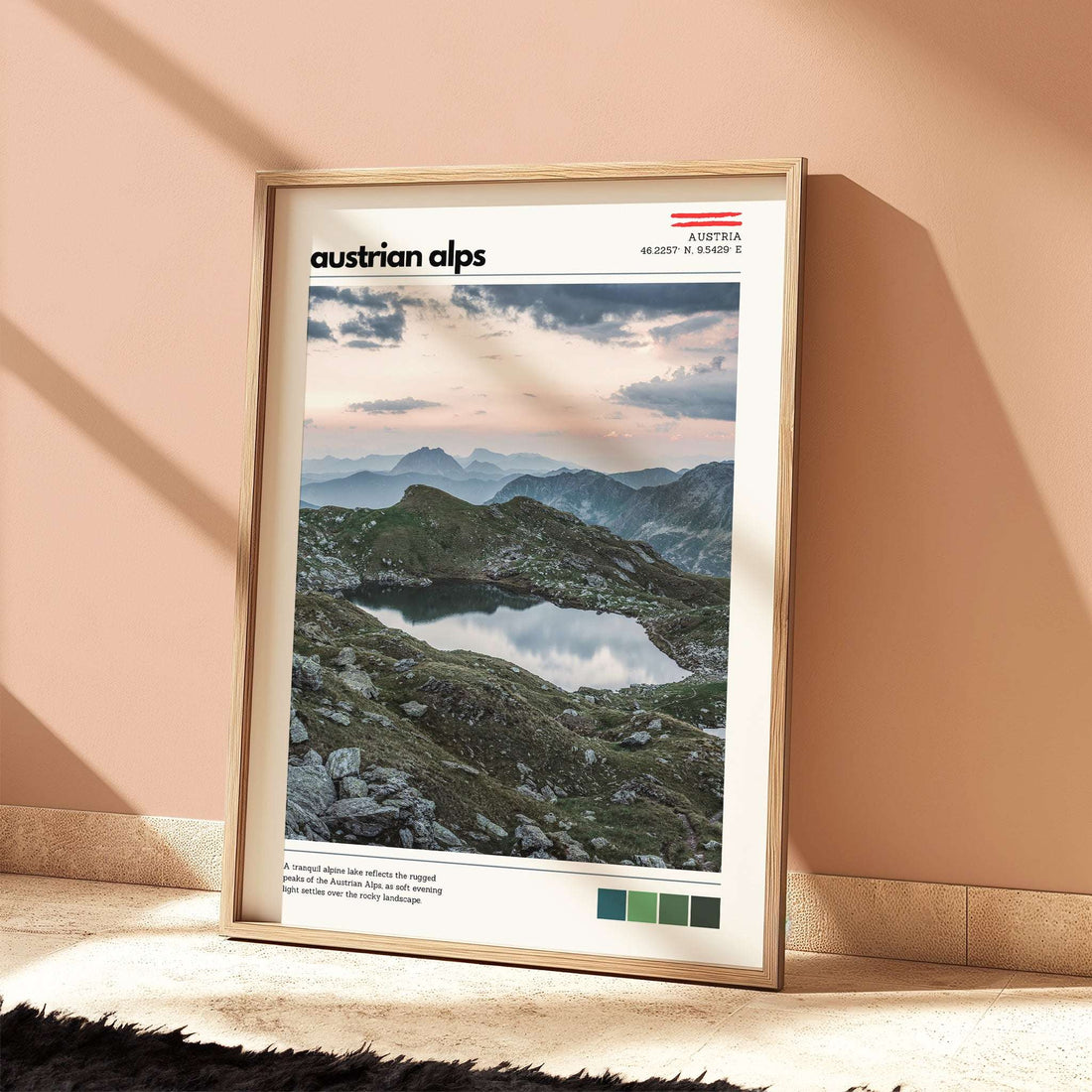 Austrian Alps mountain poster shown at scale on a wall