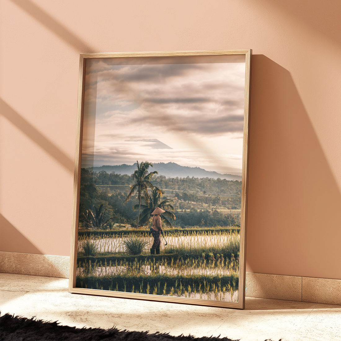 Bali rice terraces photography wall print with Mount Agung in warm toned room
