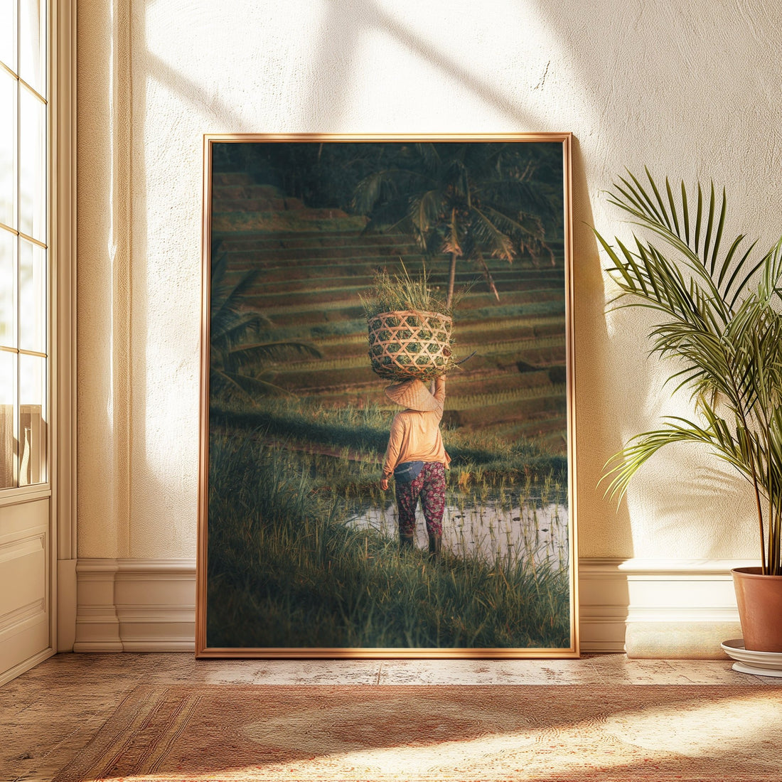 Bali rice terraces wall art print displayed with natural sunlight and plant decor