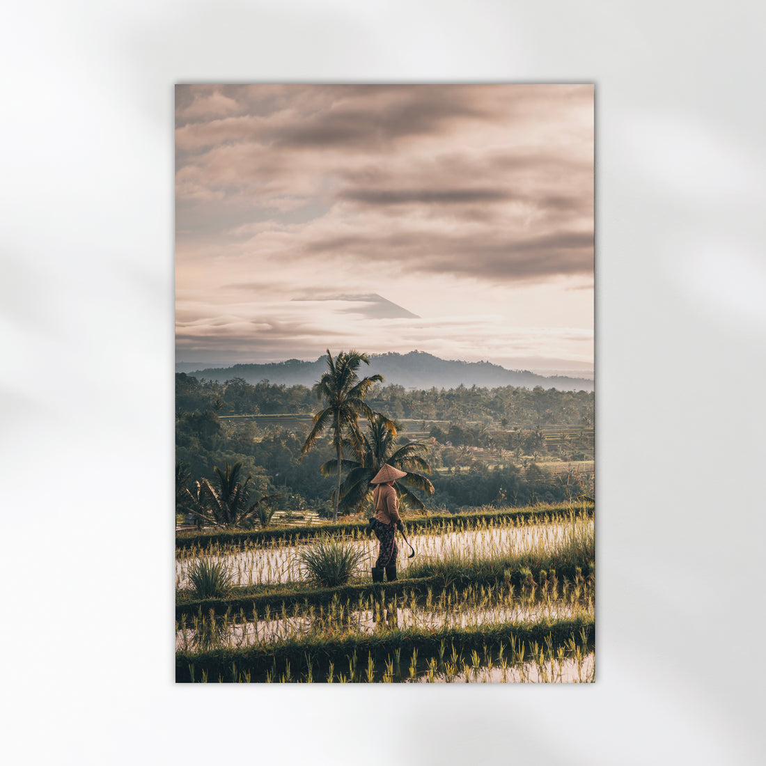Photography print of Bali rice terraces with farmer walking under cloudy sky
