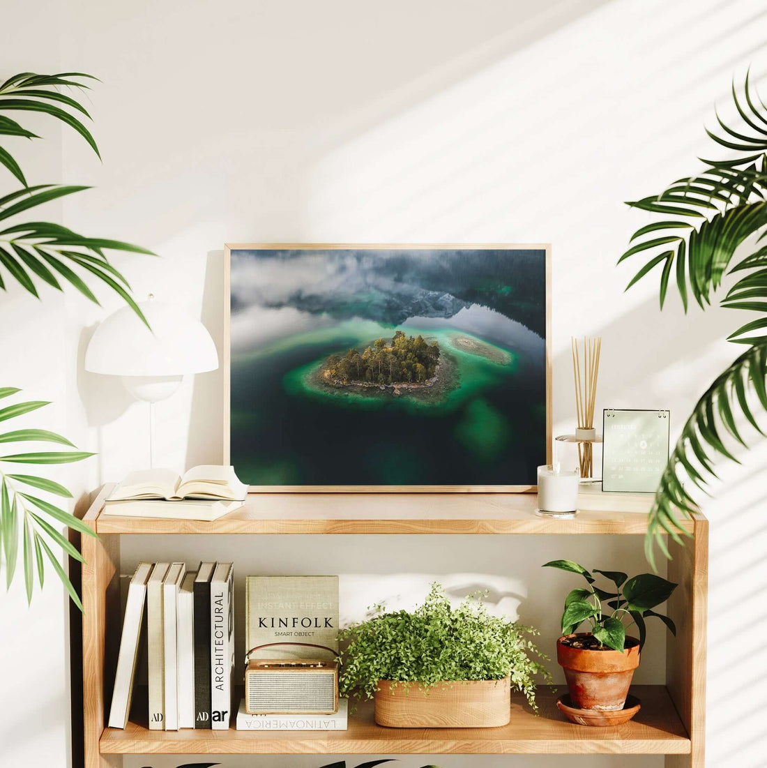 Wall art print of Eibsee’s island with alpine colours and forest detail