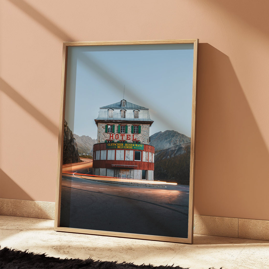 Retro-style fine art photography of the historic Belvedere Hotel with a stunning alpine backdrop.