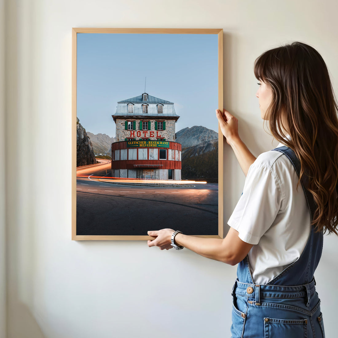 Unique wall art featuring the famous hairpin turn wrapping around the historic Belvedere Hotel in Switzerland.