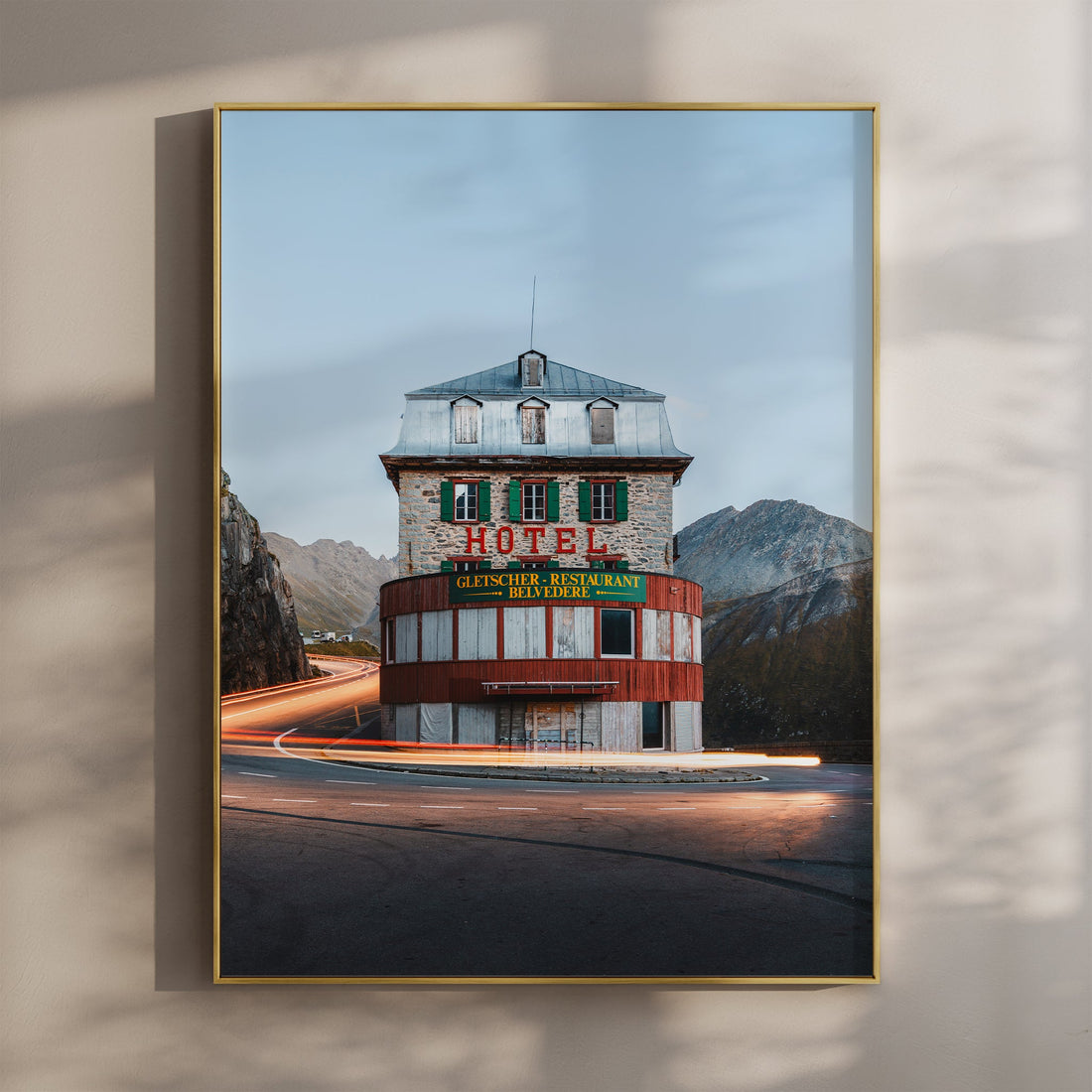 Stunning fine art print of the iconic Belvedere Hotel in the Swiss Alps with a dramatic mountain backdrop.