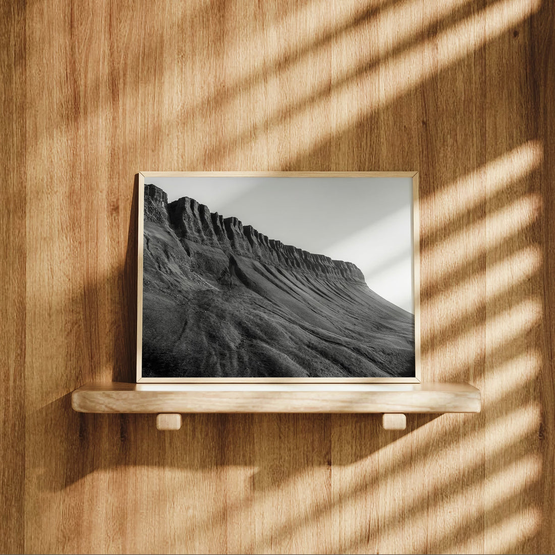 Irish mountain photo print of Benbulbin displayed on a wooden shelf