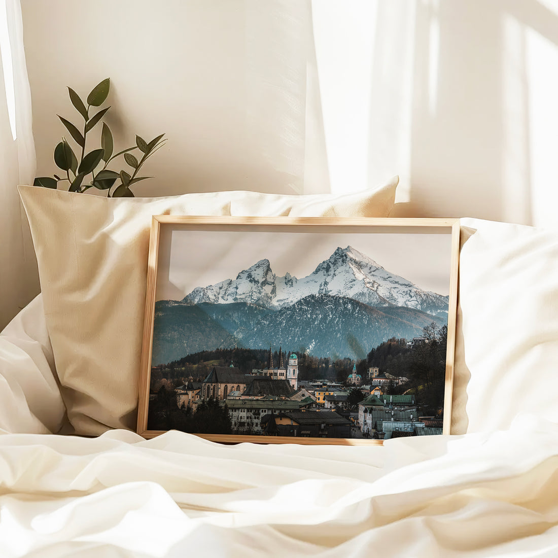 Cosy bedroom scene with Berchtesgaden print and soft natural light
