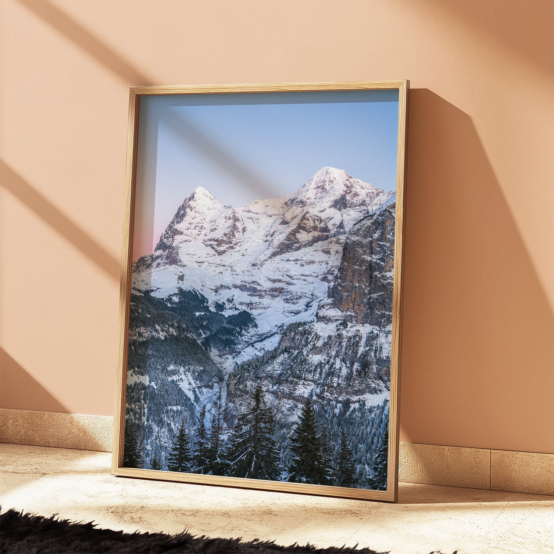 Scenic Bernese Alps mountain wall art showcasing the famous Eiger and Mönch peaks at golden hour.