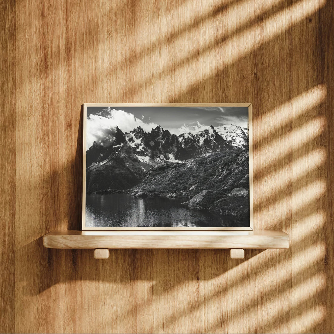 Modern black and white photography print of Lac Blanc and the iconic peaks of the Mont Blanc Massif.