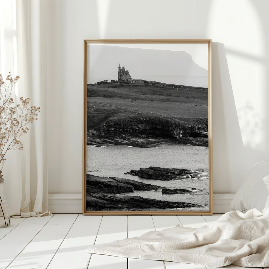 Classiebawn Castle fine art print styled in bright interior with white floorboards