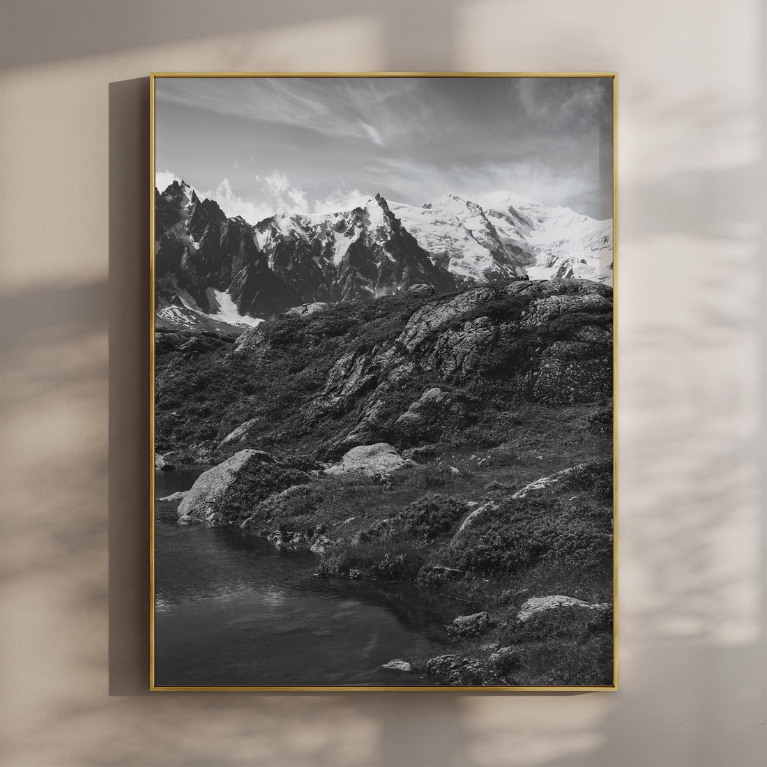 Black and white Mont Blanc wall art print featuring Lac Flégère with dramatic alpine scenery.