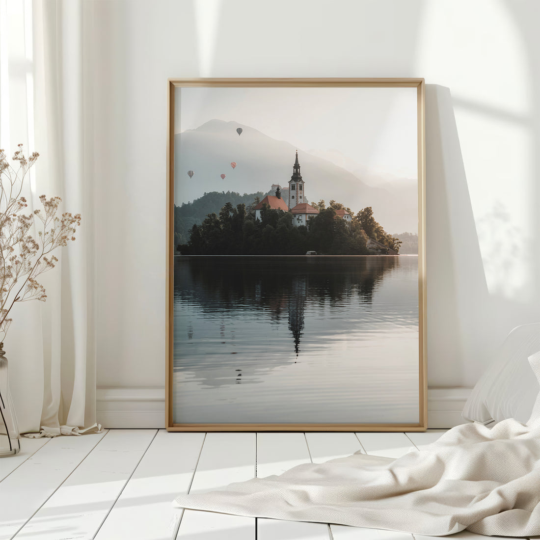 Fine art photo of Lake Bled with mountains and golden reflection