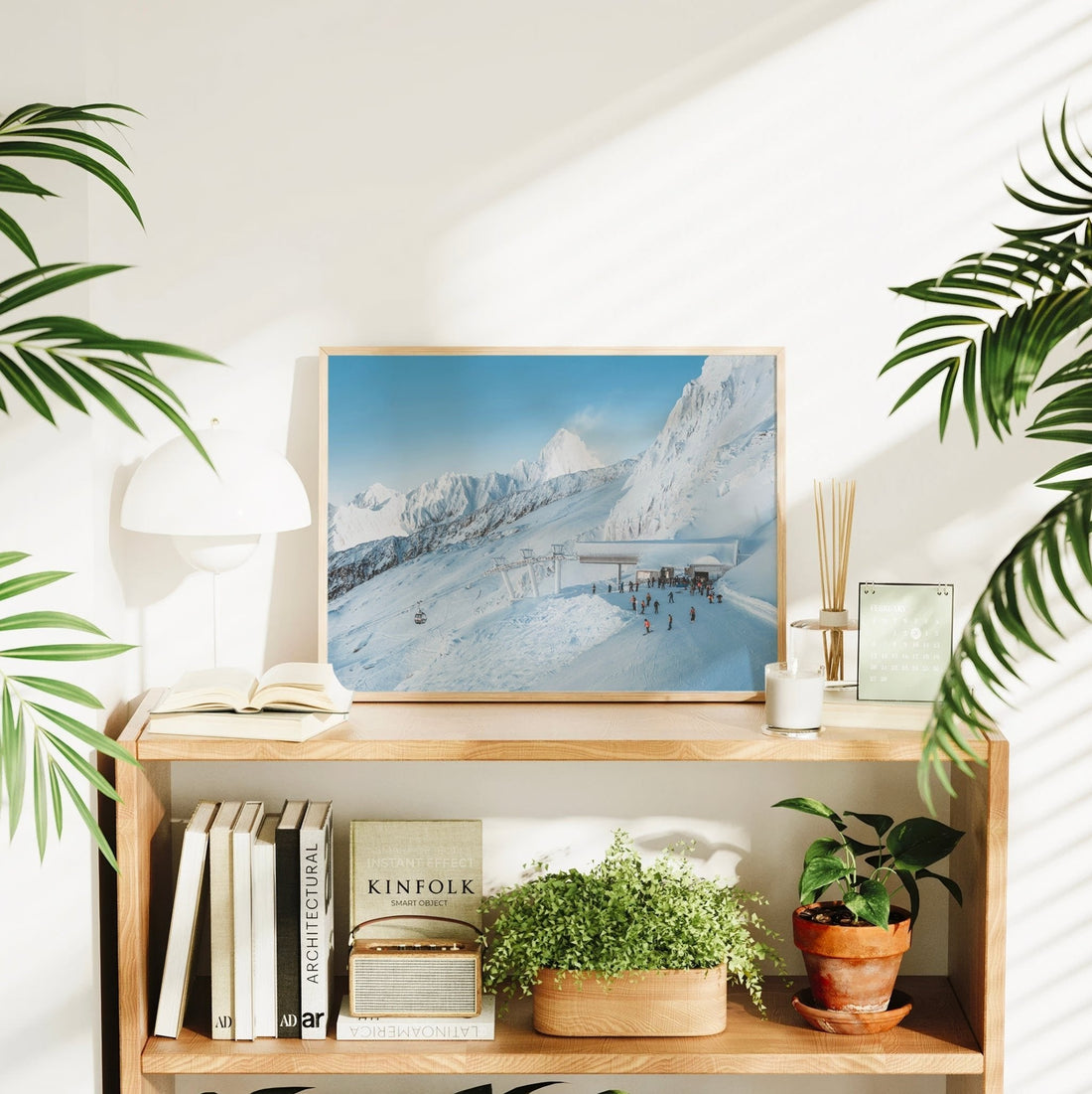 Premium winter wall art print of the Bochard lift in Chamonix with panoramic alpine views in bright conditions.