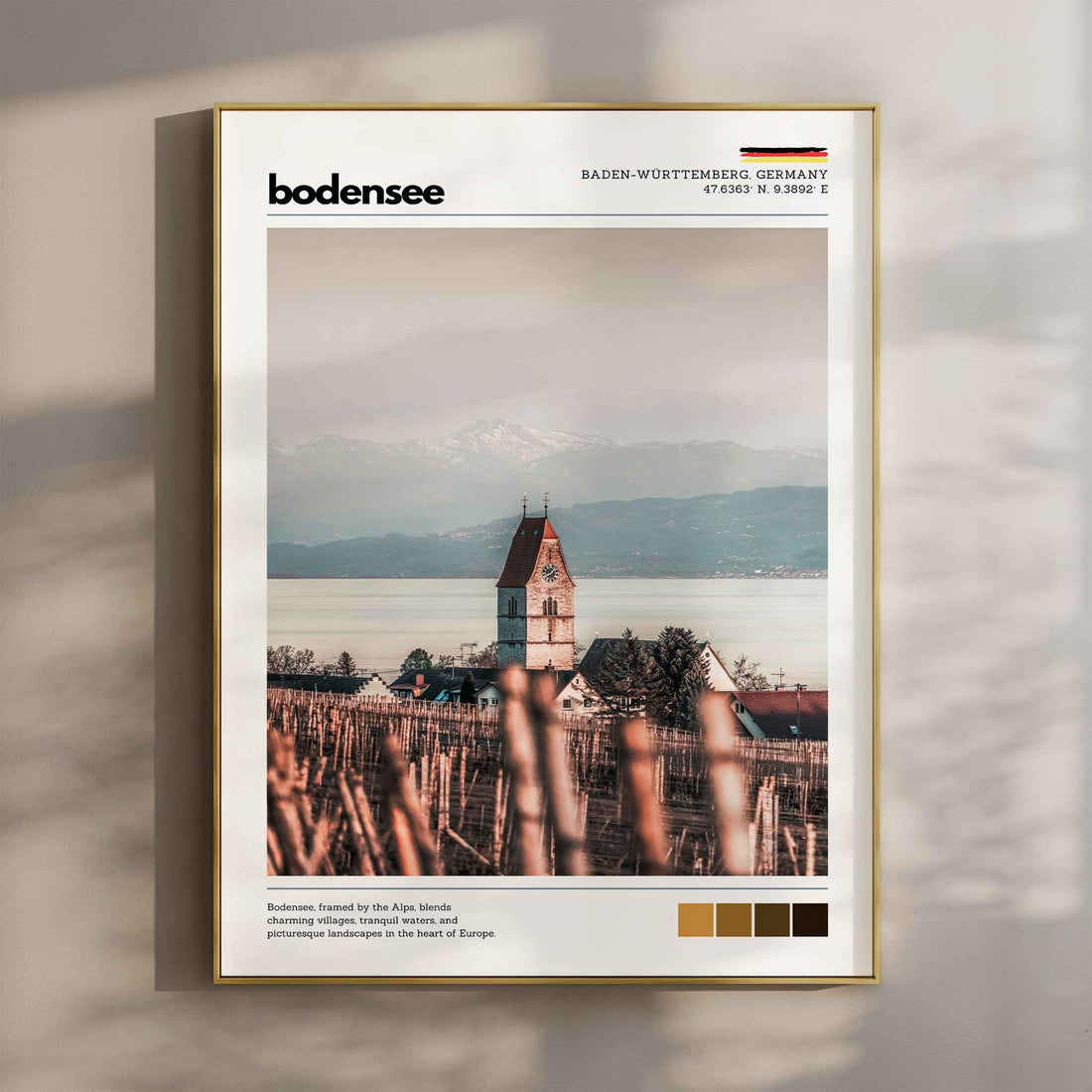 Bodensee Lake Constance Germany church vineyard photography print in gold float frame mounted on warm beige wall with window light shadows
