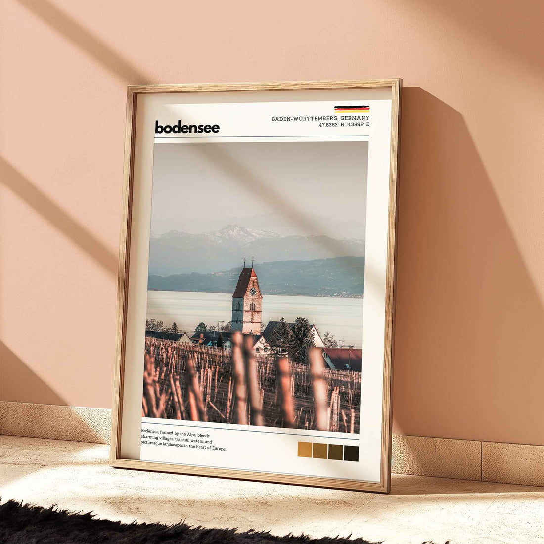 Bodensee Lake Constance Germany church and vineyard photography print in natural wood frame leaning against warm terracotta wall on textured floor