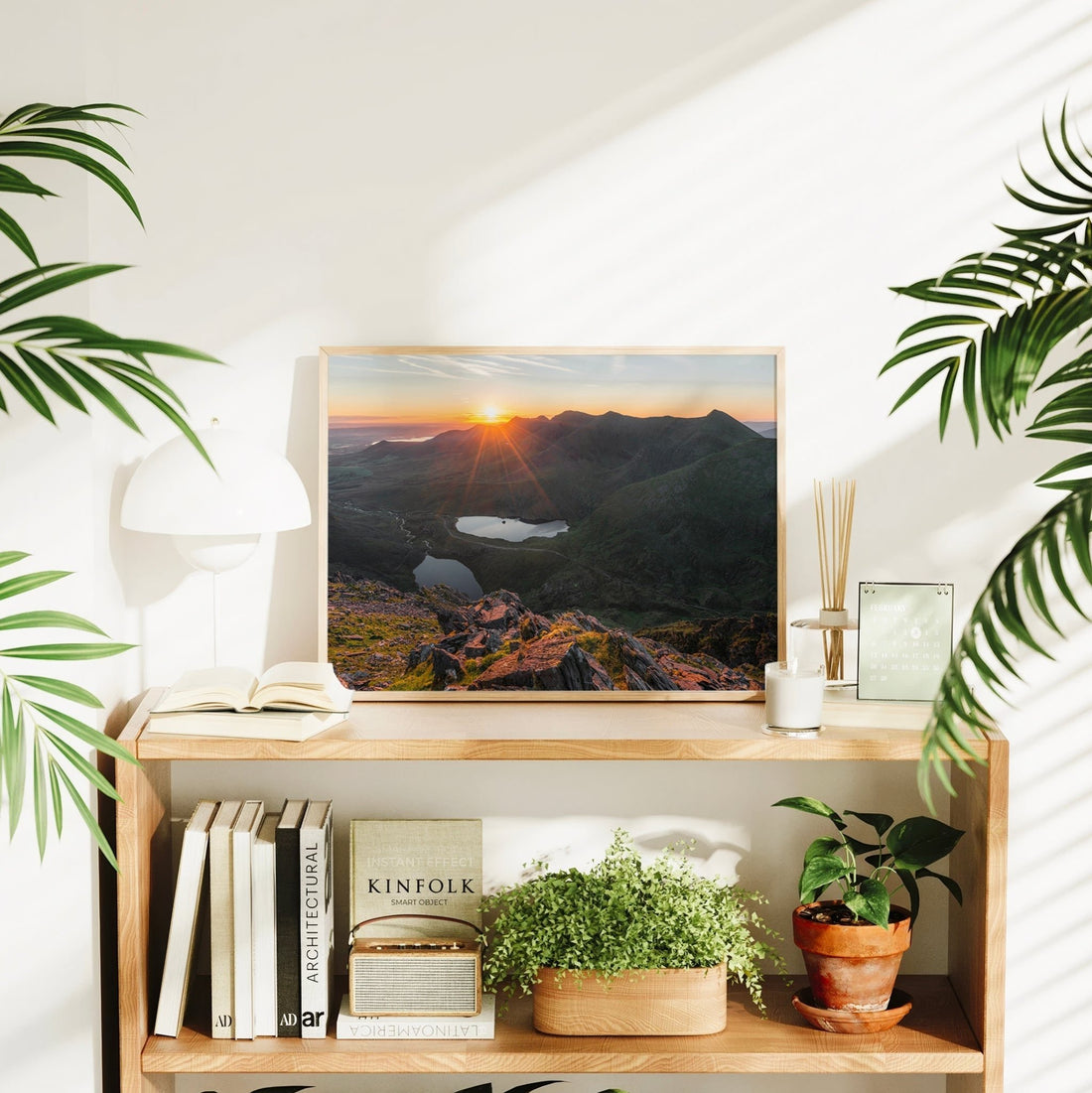 Bright interior shelf styling with Carrauntoohil wall art.