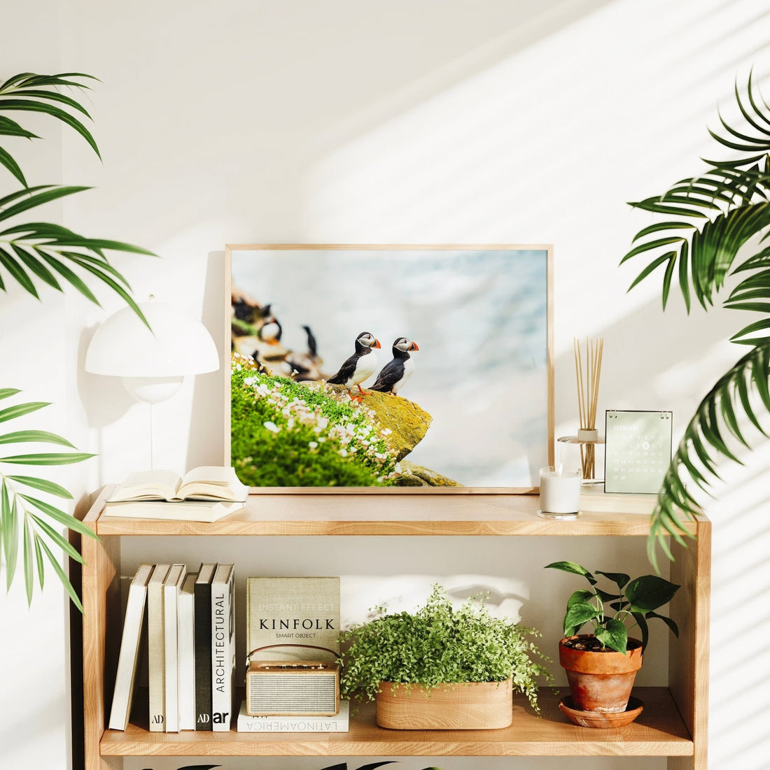 Puffin couple on coastal rocks with sea thrift and blurred puffins in the background