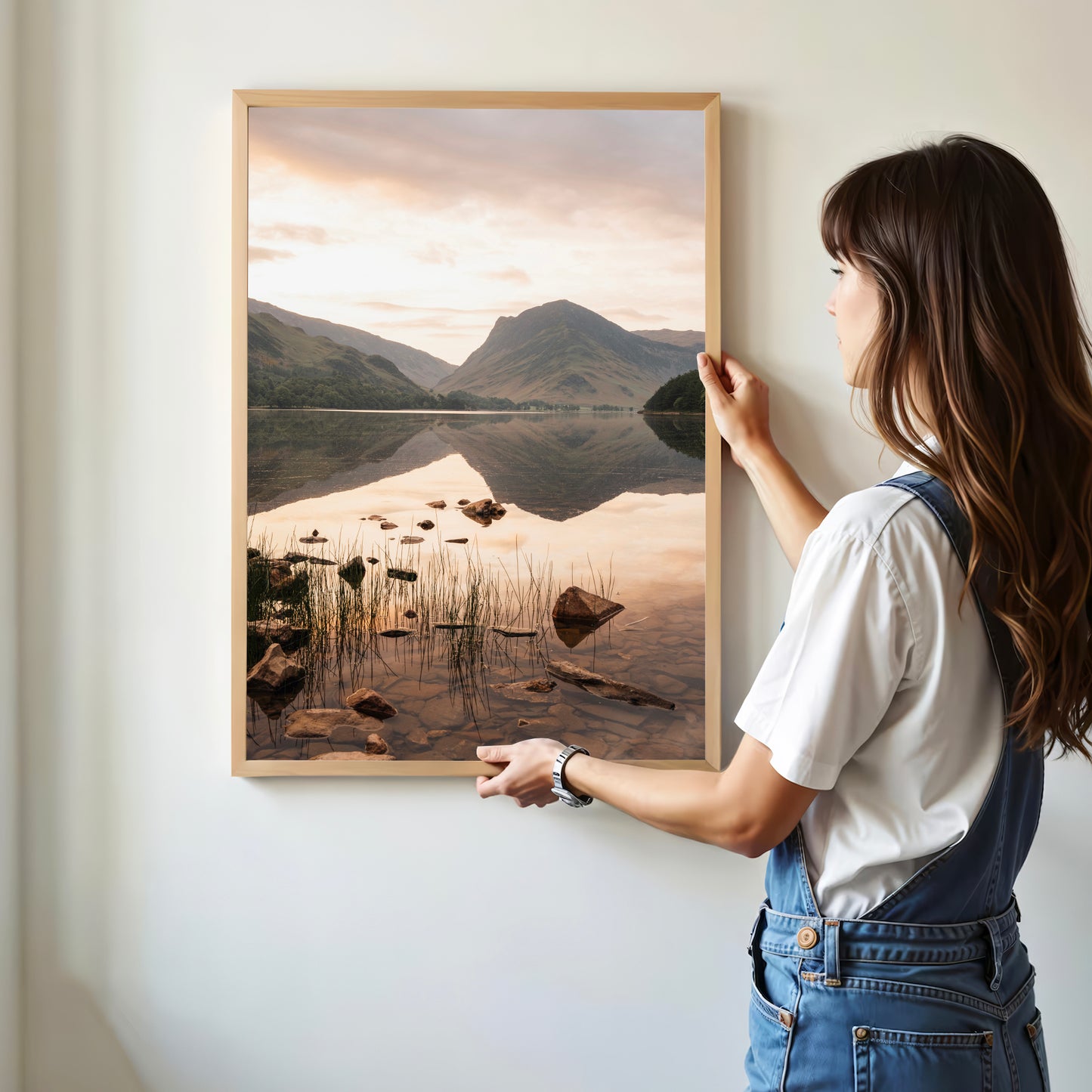A minimalist wall print of Buttermere's sunrise reflection in still water, Lake District UK.
