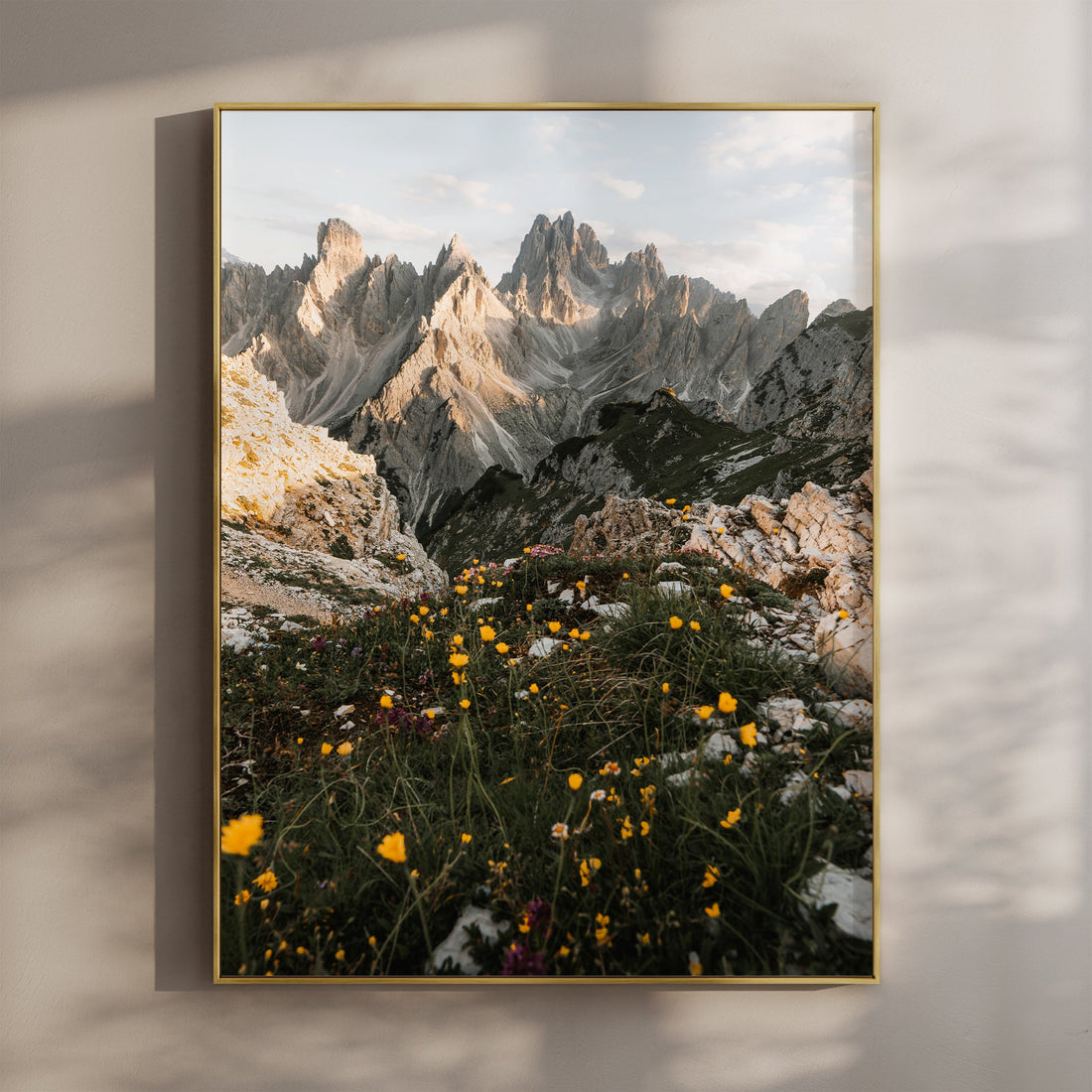 Stunning Cadini di Misurina Dolomites wall art print featuring dramatic peaks and wildflowers.