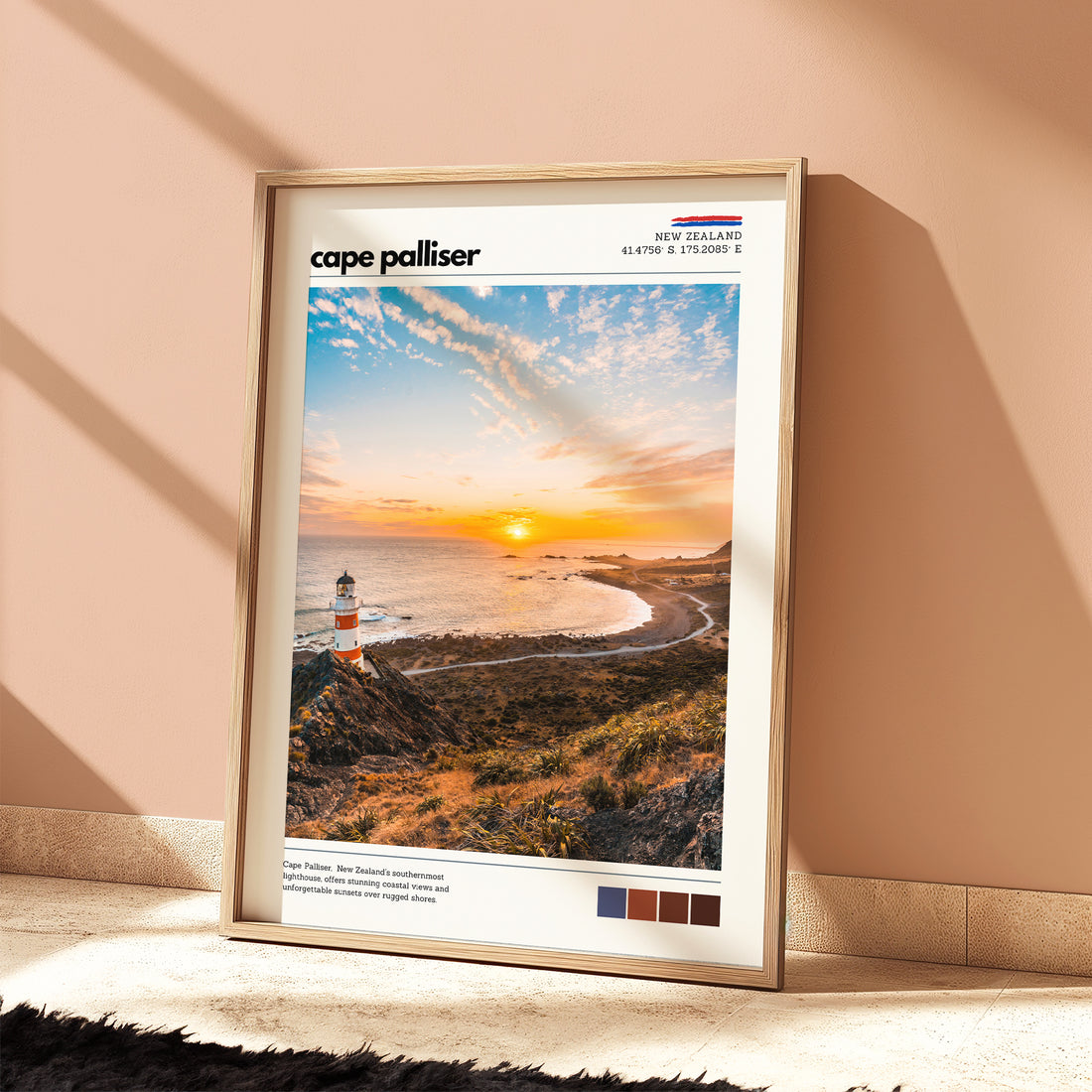 Cape Palliser coastal wall art print styled in a minimal interior space