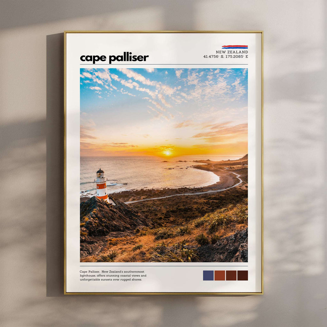 Cape Palliser lighthouse wall art print overlooking the New Zealand coastline at sunset