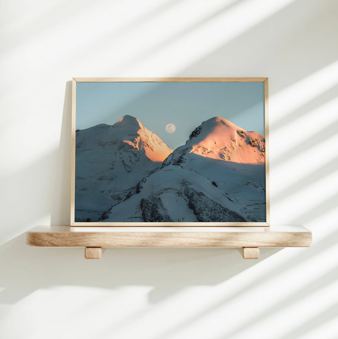 Artistic Swiss Alps photo print of Castor & Pollux with a stunning moon backdrop and warm sunrise light.