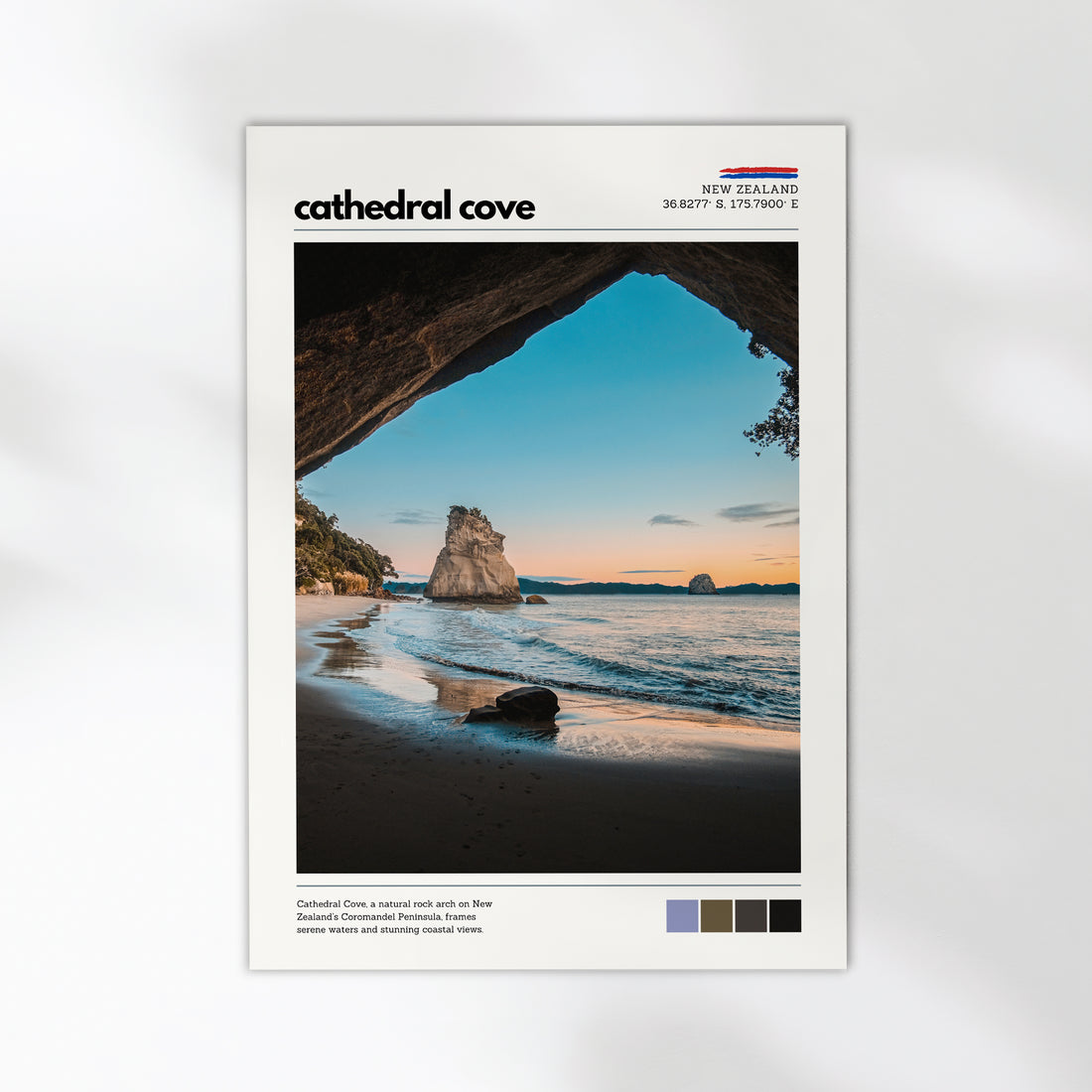 Cathedral Cove coastal wall art print featuring the rock arch and shoreline in New Zealand