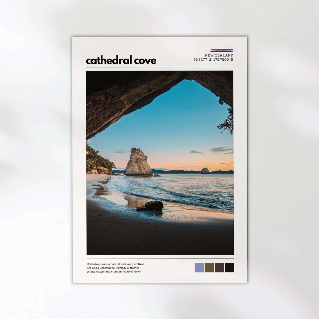 Cathedral Cove coastal wall art print featuring the rock arch and shoreline in New Zealand