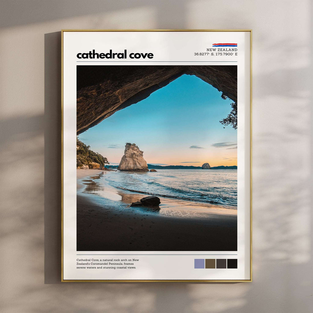 Cathedral Cove wall art print showing the iconic rock arch and offshore stack in early morning light, Coromandel Peninsula, New Zealand