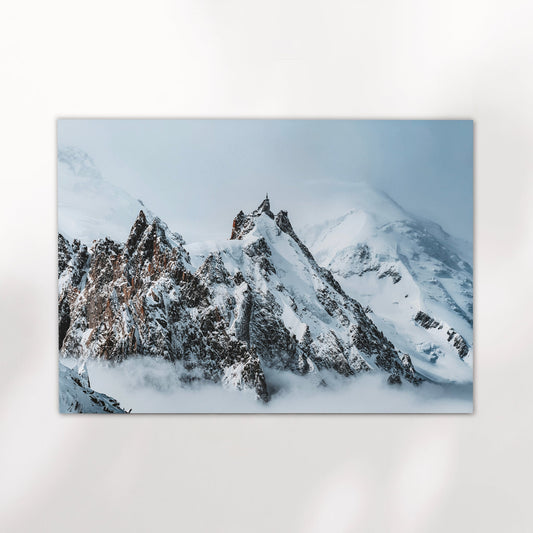 Fine art print of Aiguille du Midi summit against Mont Blanc backdrop