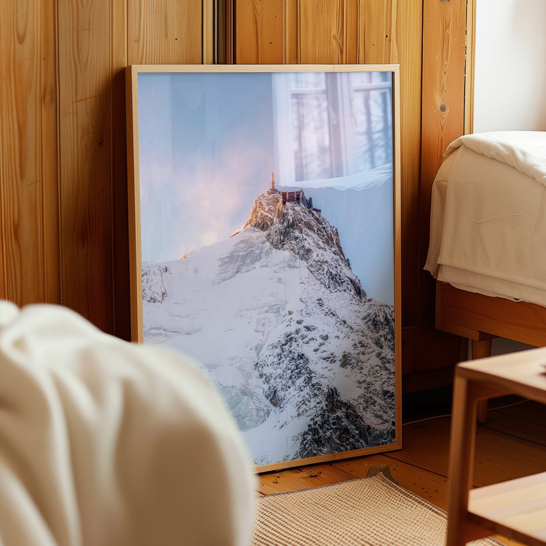 Chamonix wall art featuring the dramatic silhouette of Aiguille du Midi against a pastel sky.