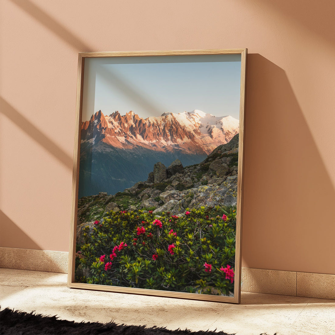 Scenic Chamonix photography print highlighting alpine wildflowers with Mont Blanc’s rugged peaks in the distance.