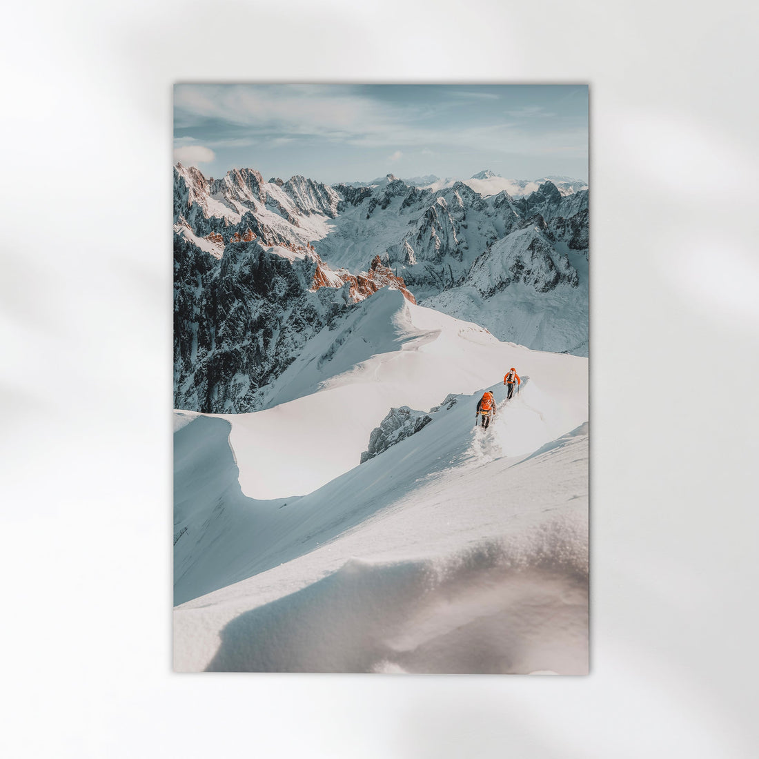 Fine art print of alpinists scaling the snowy ridge of Midi Arête in the French Alps, near Chamonix.