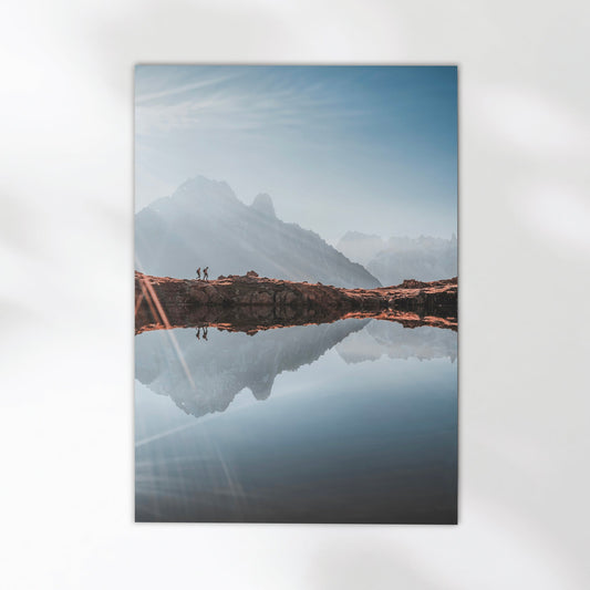 Scenic Chamonix alpine lake photography print with a breathtaking sunrise over Mont Blanc.