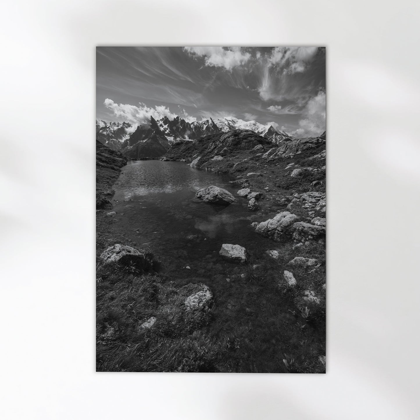 Stunning Chamonix alpine lake photography print featuring Lac Flégère and rugged mountain peaks.