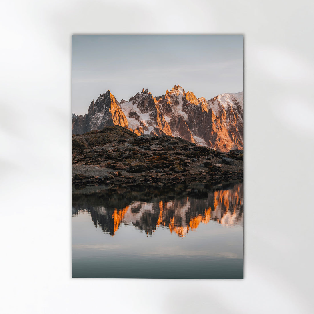 Golden hour glow on Mont Blanc, reflected in the still waters of Lac Blanc. A breathtaking French Alps photography print.