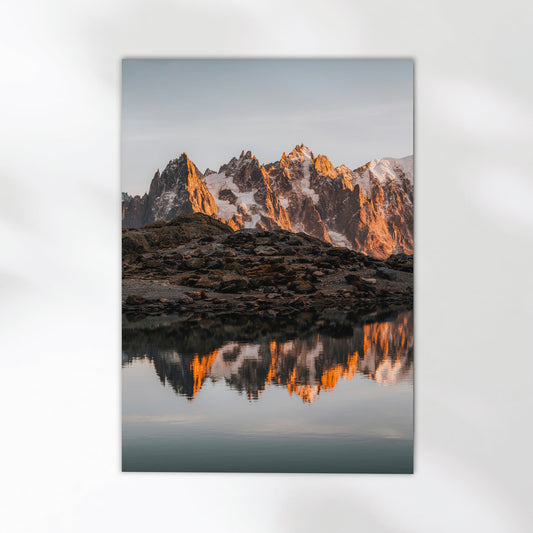 Golden hour glow on Mont Blanc, reflected in the still waters of Lac Blanc. A breathtaking French Alps photography print.