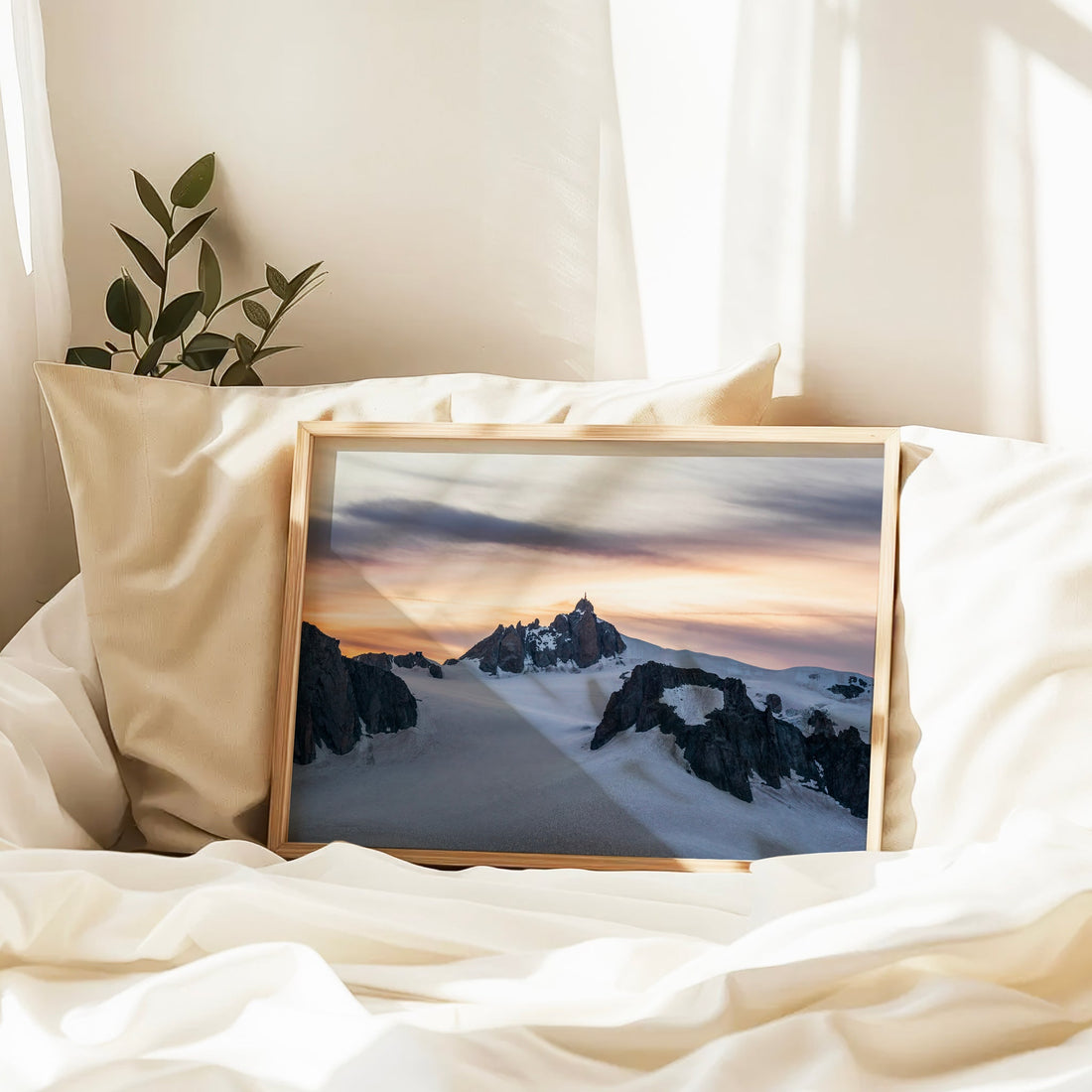 Chamonix alpine landscape print capturing ridgelines and a snowy glacier under vivid twilight tones.