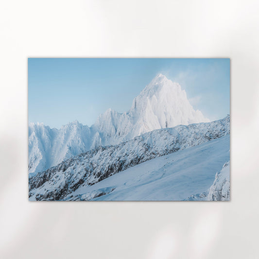 Chamonix alpine mountain print featuring the dramatic, snow-covered ridges of the Aiguille du Chardonnet at dawn.