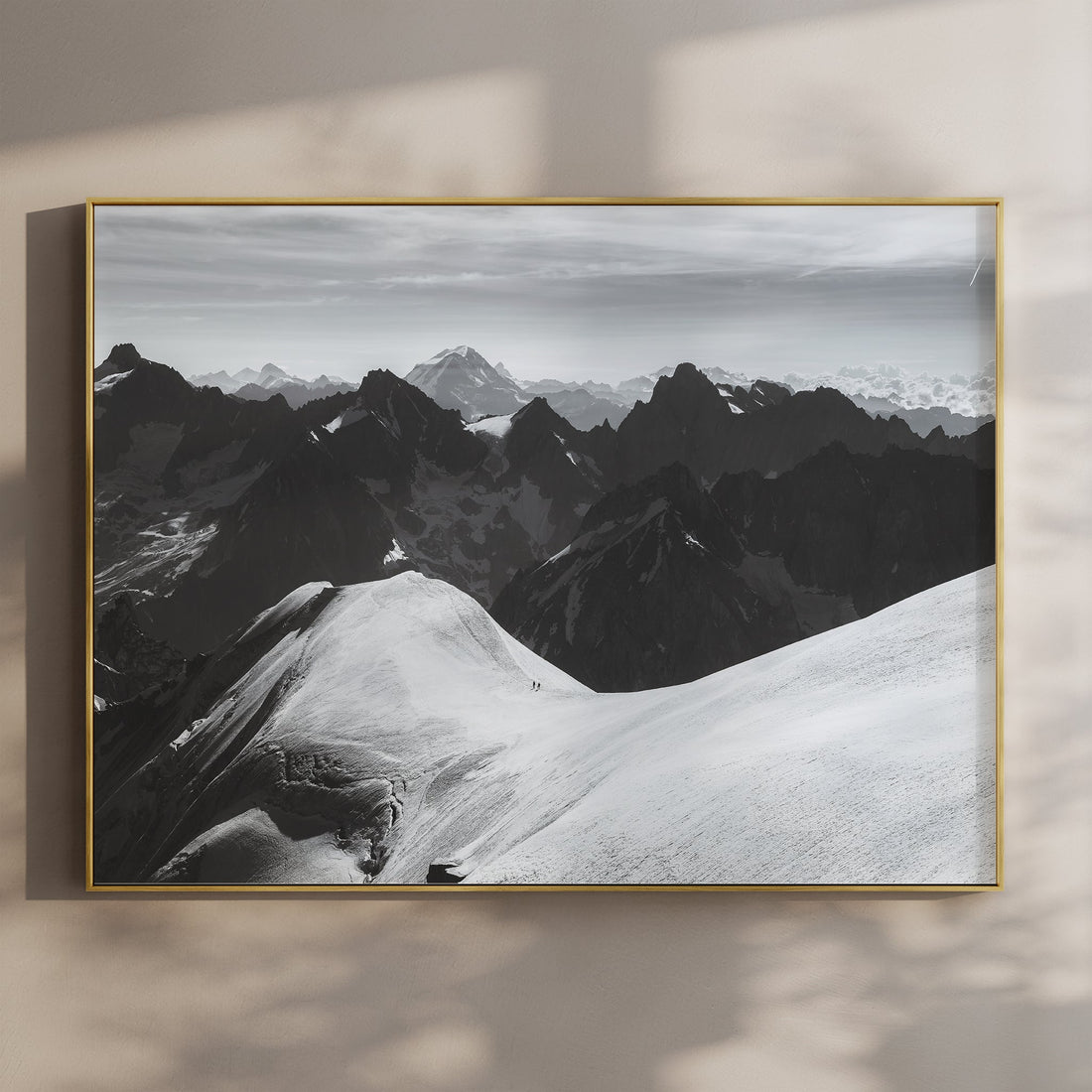 Fine art Chamonix wall print featuring mountaineers crossing a snow ridge in the French Alps.